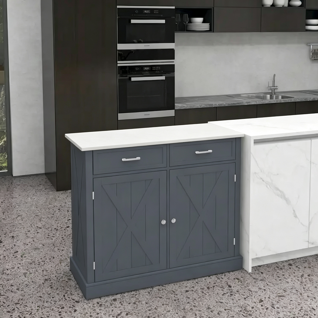 Îlot de Cuisine Roulant avec Bar de Petit-Déjeuner Pliant en Bois, Chariot de Cuisine de Ferme avec 2 Tiroirs, Gris Foncé