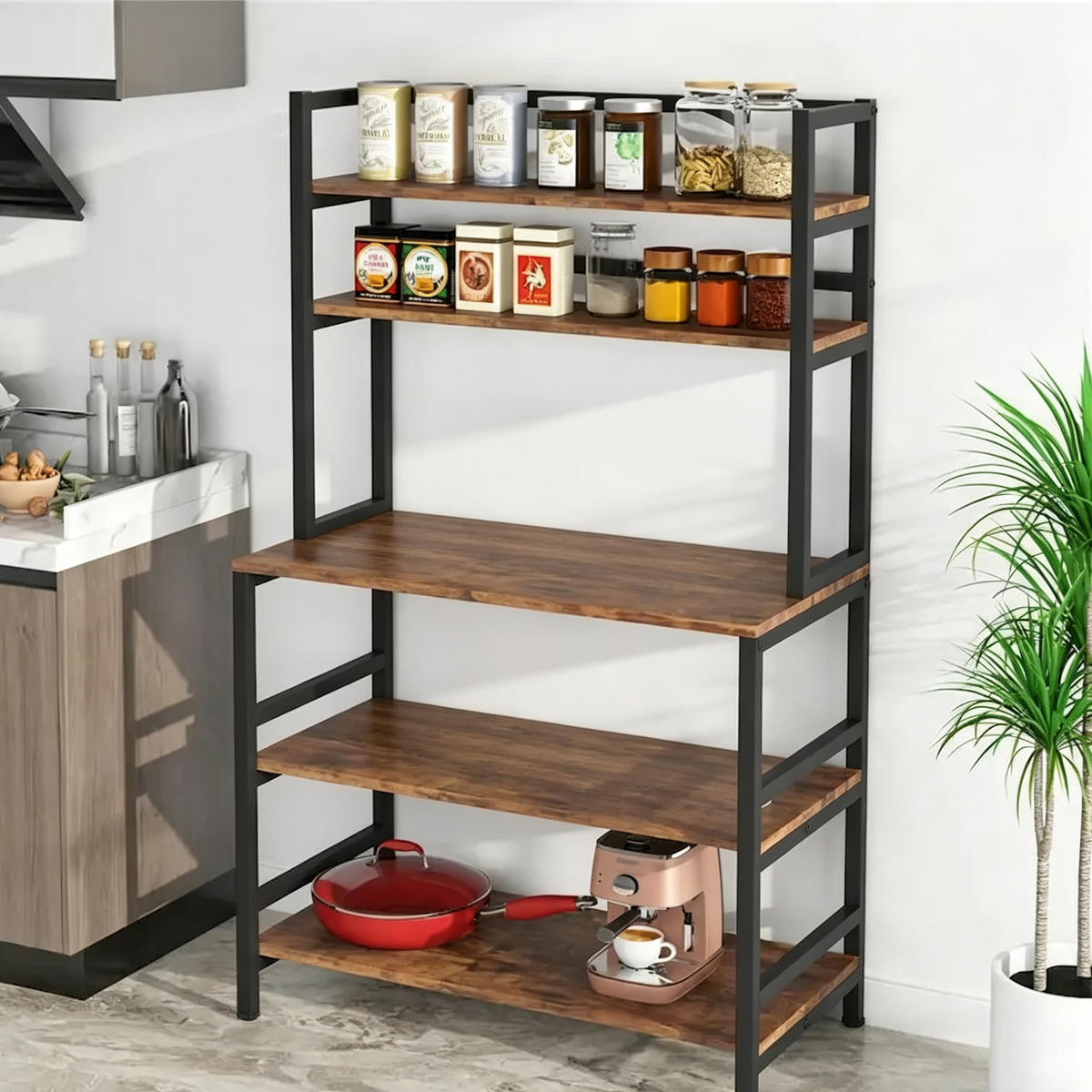 Étagère de cuisine industrielle à 5 niveaux pour micro-ondes avec support de rangement, marron/noir, étagère de rangement moderne blanche pour cuisine.