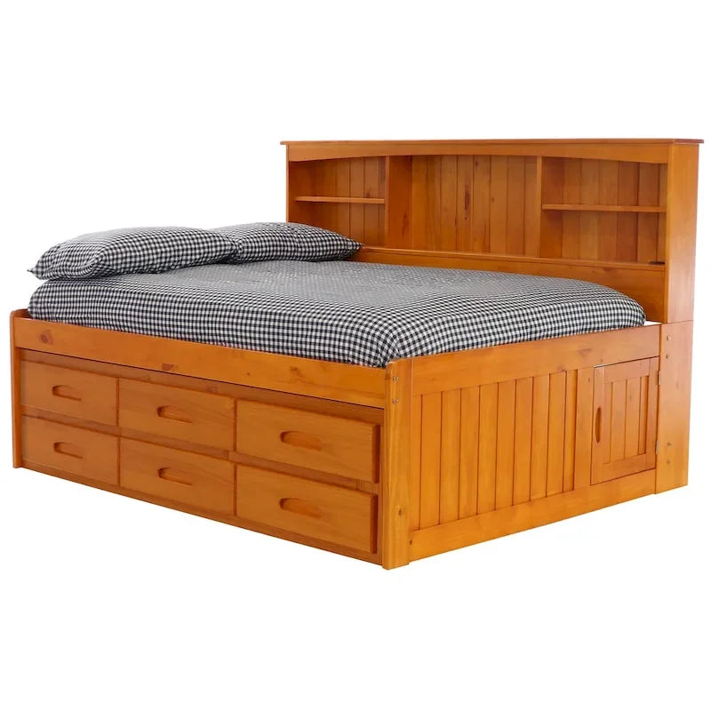 OS Home and Office Furniture Solid Pine Full Daybed with Six Drawers in Warm Honey