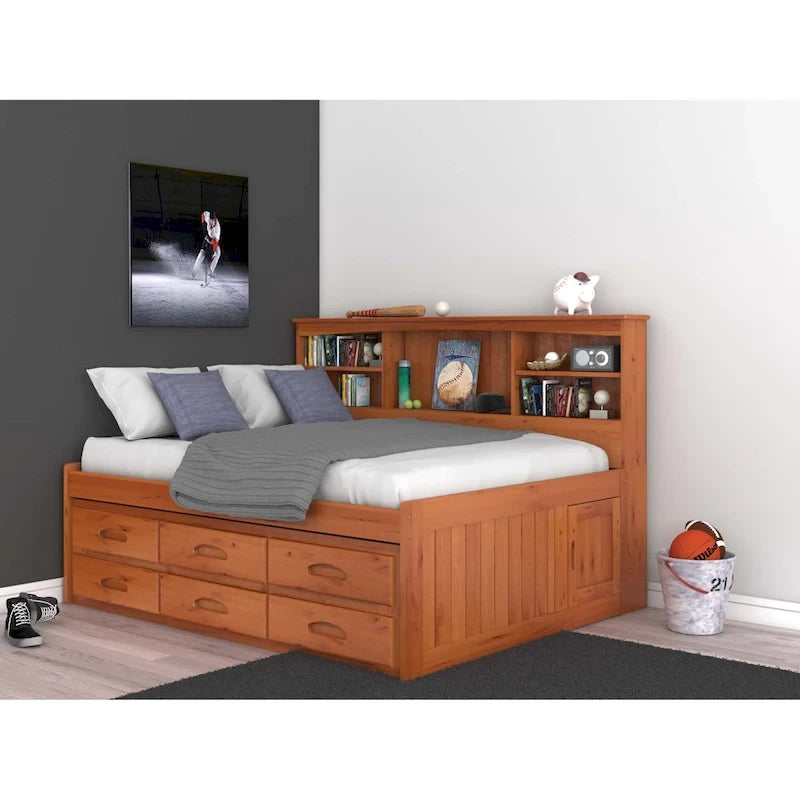 Lit de repos double en pin massif avec six tiroirs, couleur miel chaud