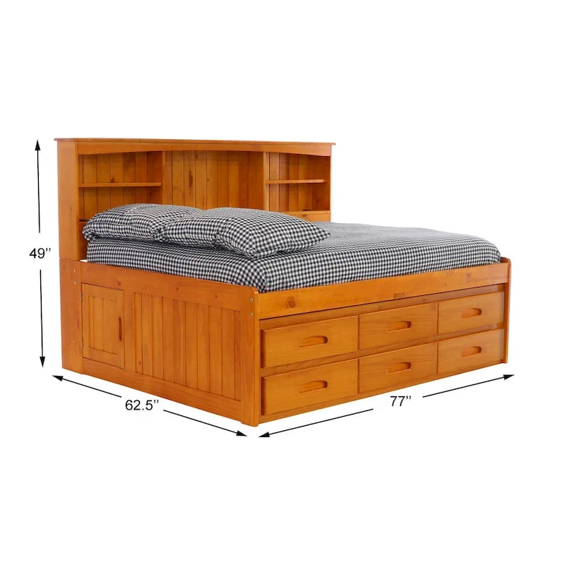Lit de repos double en pin massif avec six tiroirs, couleur miel chaud