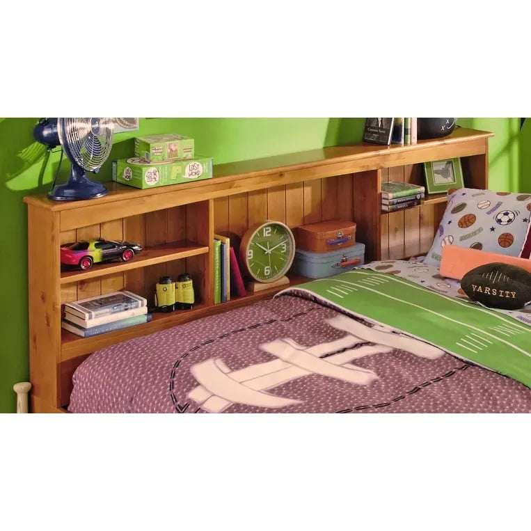 Lit de repos double en pin massif avec six tiroirs, couleur miel chaud