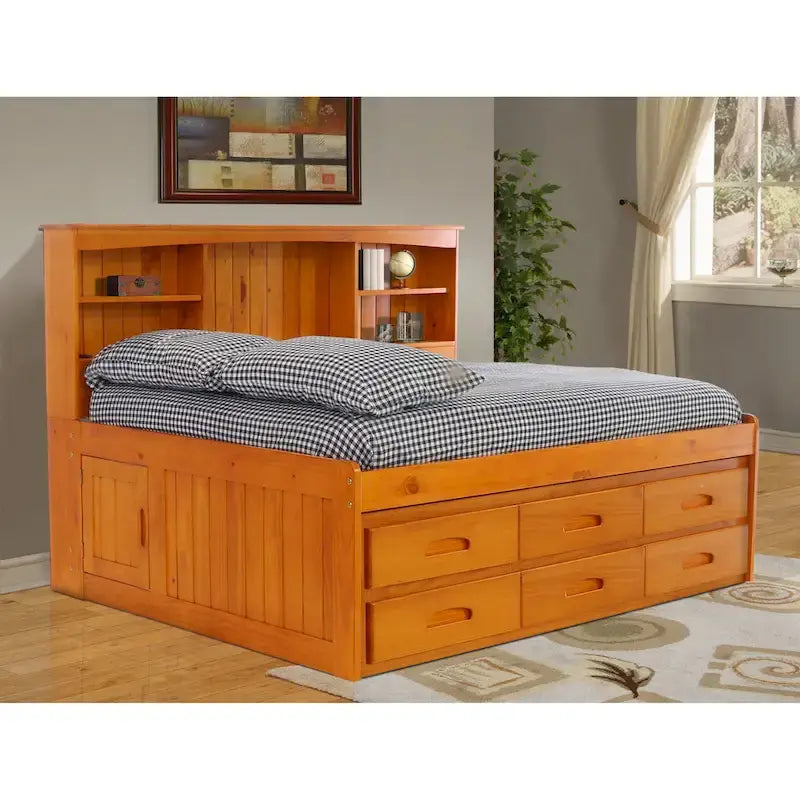Lit de repos double en pin massif avec six tiroirs, couleur miel chaud