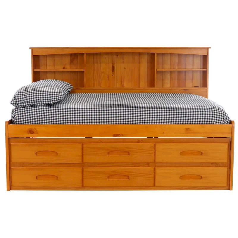 Lit de repos double en pin massif avec six tiroirs, couleur miel chaud