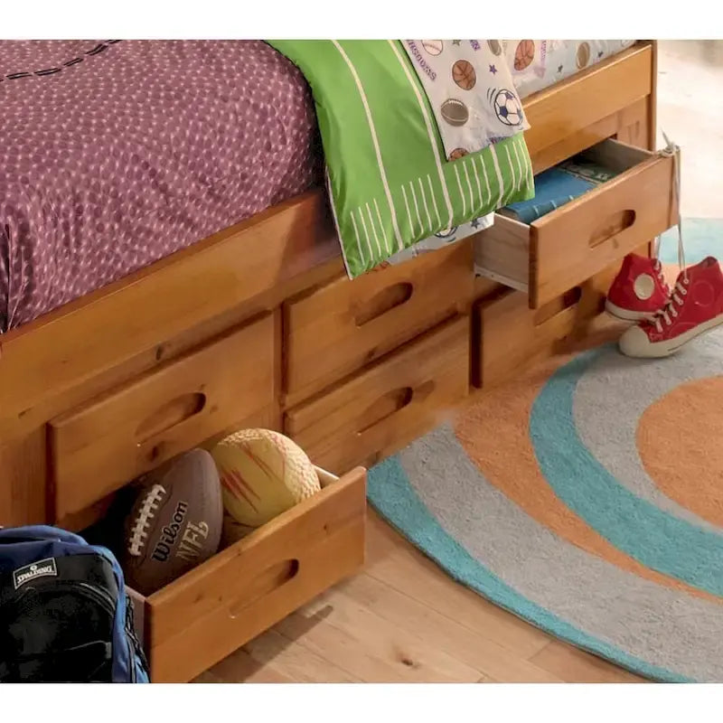 Lit de repos double en pin massif avec six tiroirs, couleur miel chaud
