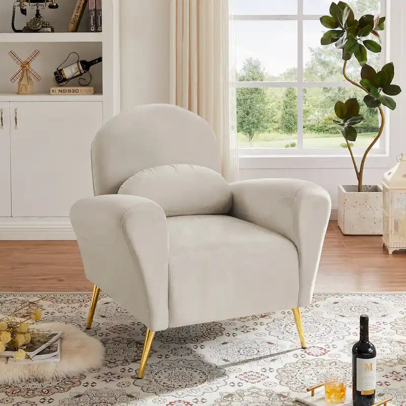 Fauteuil lounge, fauteuil rembourré confortable avec dossiers et cadre en métal doré, adapté au salon.
