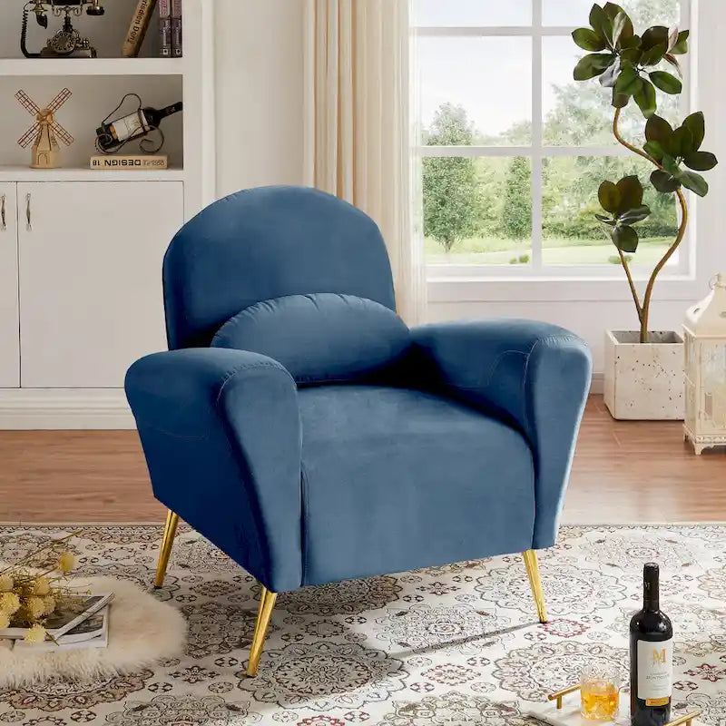 Fauteuil lounge, fauteuil rembourré confortable avec dossiers et cadre en métal doré, adapté au salon.