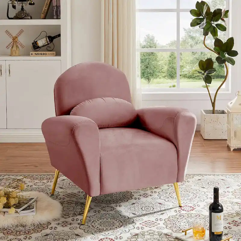 Fauteuil lounge, fauteuil rembourré confortable avec dossiers et cadre en métal doré, adapté au salon.