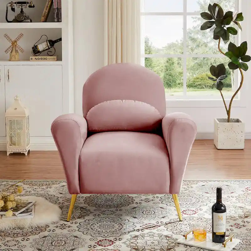 Fauteuil lounge, fauteuil rembourré confortable avec dossiers et cadre en métal doré, adapté au salon.