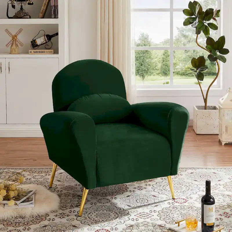 Fauteuil lounge, fauteuil rembourré confortable avec dossiers et cadre en métal doré, adapté au salon.