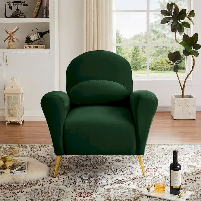 Fauteuil lounge, fauteuil rembourré confortable avec dossiers et cadre en métal doré, adapté au salon.