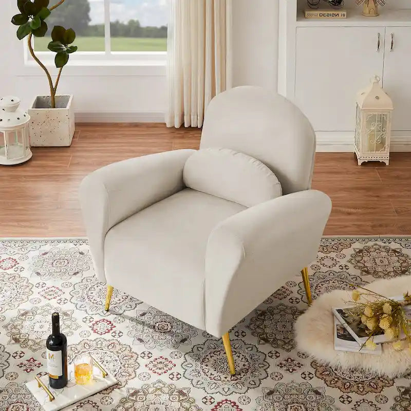 Fauteuil lounge, fauteuil rembourré confortable avec dossiers et cadre en métal doré, adapté au salon.
