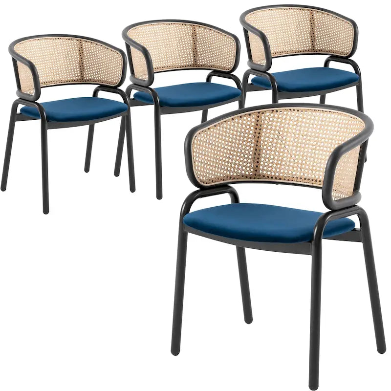 Chaise de salle à manger moderne à dossier en osier avec siège en velours rembourré, fauteuil pour salle à manger et cuisine, lot de 4 - 29.9