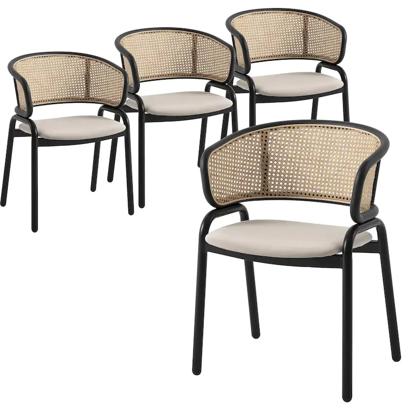 Chaise de salle à manger moderne à dossier en osier avec siège en velours rembourré, fauteuil pour salle à manger et cuisine, lot de 4 - 29.9