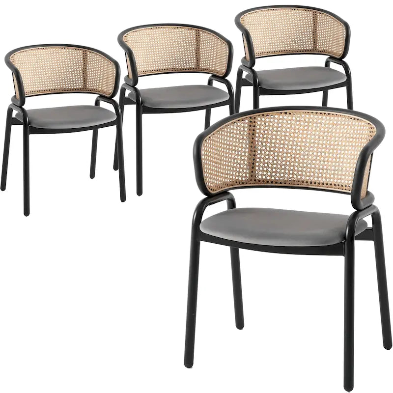 Chaise de salle à manger moderne à dossier en osier avec siège en velours rembourré, fauteuil pour salle à manger et cuisine, lot de 4 - 29.9