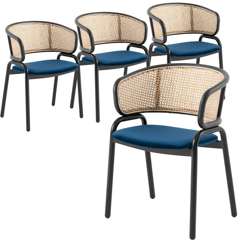 Chaise de salle à manger moderne à dossier en osier avec siège en velours rembourré, fauteuil pour salle à manger et cuisine, lot de 4 - 29.9
