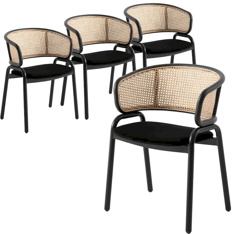 Chaise de salle à manger moderne à dossier en osier avec siège en velours rembourré, fauteuil pour salle à manger et cuisine, lot de 4 - 29.9