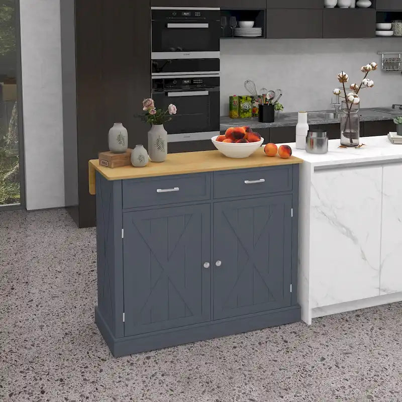 Îlot de Cuisine Roulant avec Bar de Petit-Déjeuner Pliant en Bois, Chariot de Cuisine de Ferme avec 2 Tiroirs, Gris Foncé