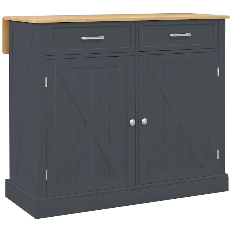 Îlot de Cuisine Roulant avec Bar de Petit-Déjeuner Pliant en Bois, Chariot de Cuisine de Ferme avec 2 Tiroirs, Gris Foncé
