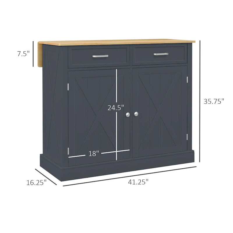 Îlot de Cuisine Roulant avec Bar de Petit-Déjeuner Pliant en Bois, Chariot de Cuisine de Ferme avec 2 Tiroirs, Gris Foncé