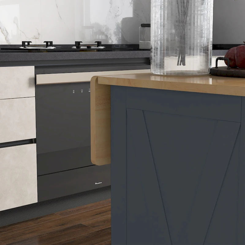 Îlot de Cuisine Roulant avec Bar de Petit-Déjeuner Pliant en Bois, Chariot de Cuisine de Ferme avec 2 Tiroirs, Gris Foncé
