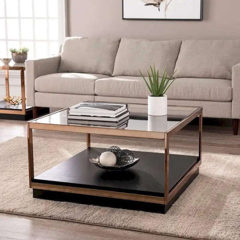 SEI Furniture Luna Transitional Square Metallic Coffee Table with Glass Top and Wood Base Shelf