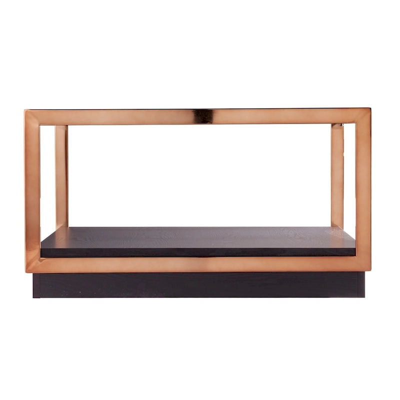 Table basse carrée métallique transitionnelle avec plateau en verre et étagère de base en bois