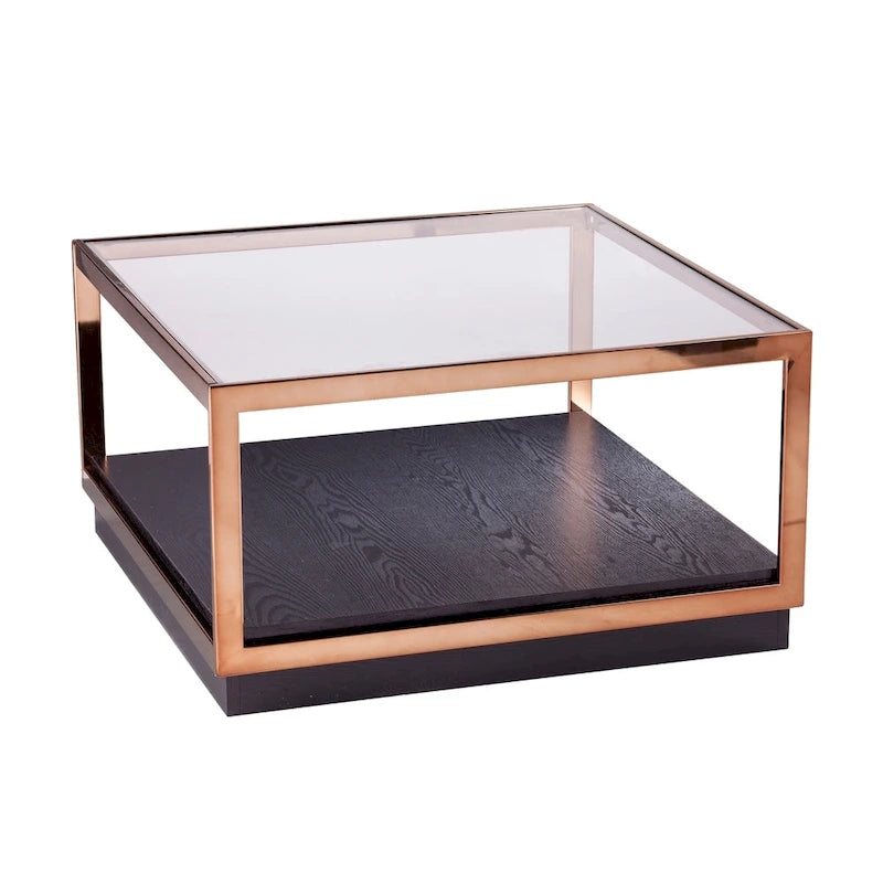 Table basse carrée métallique transitionnelle avec plateau en verre et étagère de base en bois