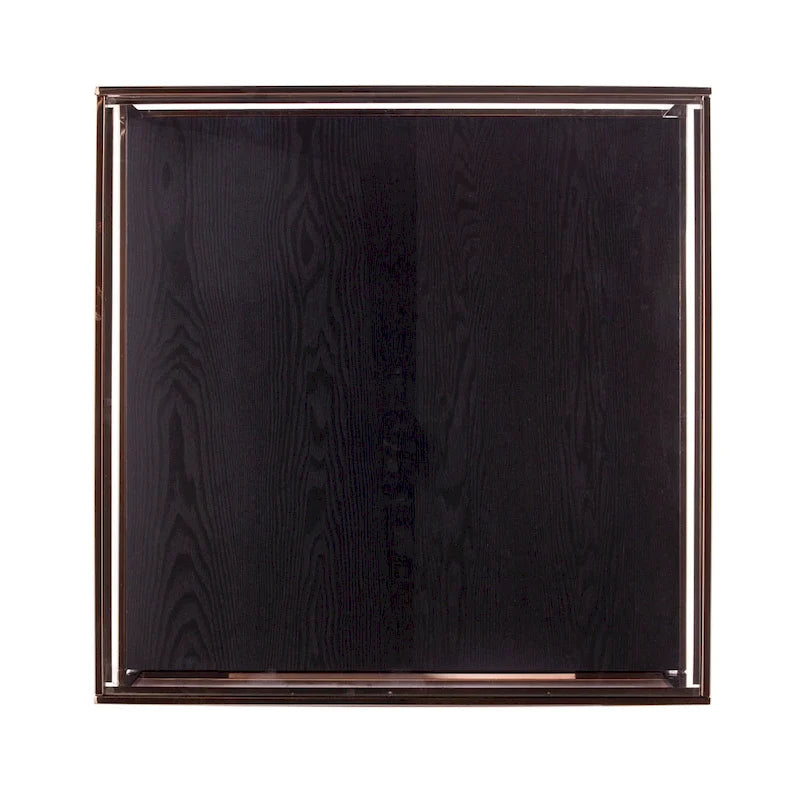 Table basse carrée métallique transitionnelle avec plateau en verre et étagère de base en bois