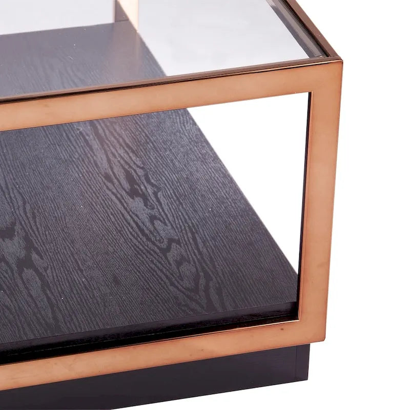 Table basse carrée métallique transitionnelle avec plateau en verre et étagère de base en bois