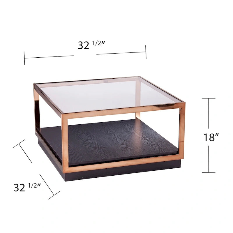 Table basse carrée métallique transitionnelle avec plateau en verre et étagère de base en bois