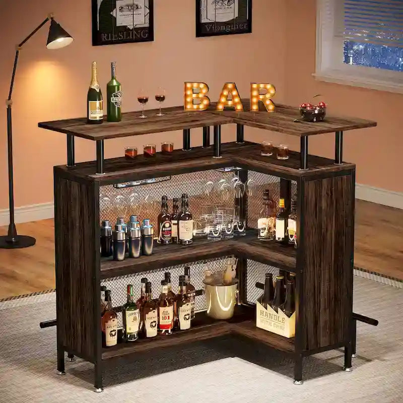 Meuble de bar d'angle en L, table de bar à liqueurs avec rangement à 2 niveaux - N/A