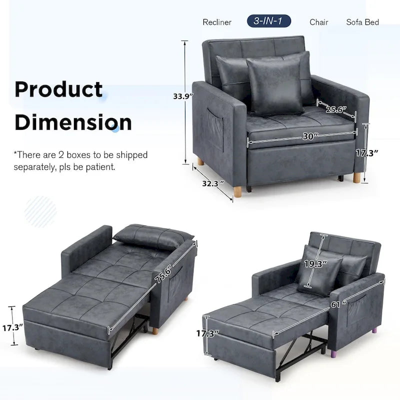 Canapé Convertible 3 en 1 Lit et Fauteuil Réglable