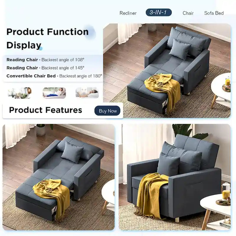 Canapé Convertible 3 en 1 Lit et Fauteuil Réglable