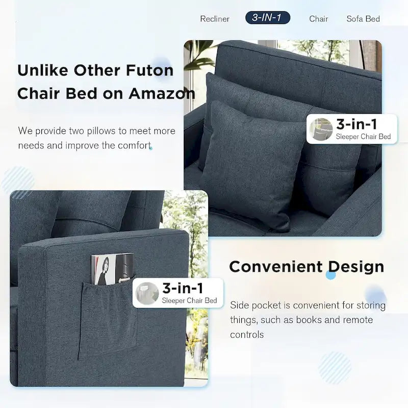 Canapé Convertible 3 en 1 Lit et Fauteuil Réglable