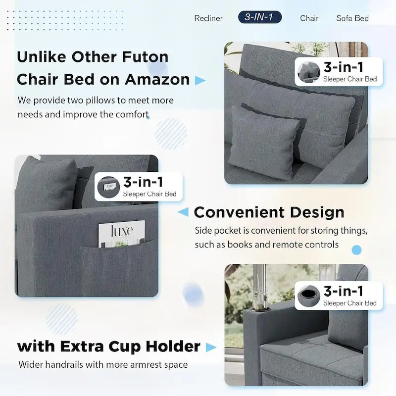 Canapé Convertible 3 en 1 Lit et Fauteuil Réglable