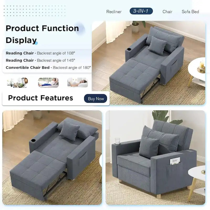 Canapé Convertible 3 en 1 Lit et Fauteuil Réglable