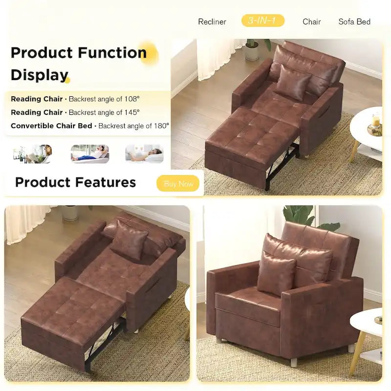 Canapé Convertible 3 en 1 Lit et Fauteuil Réglable