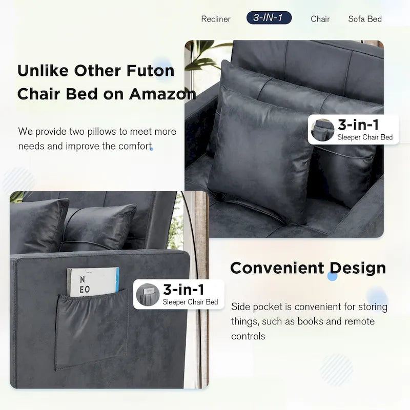 Canapé Convertible 3 en 1 Lit et Fauteuil Réglable