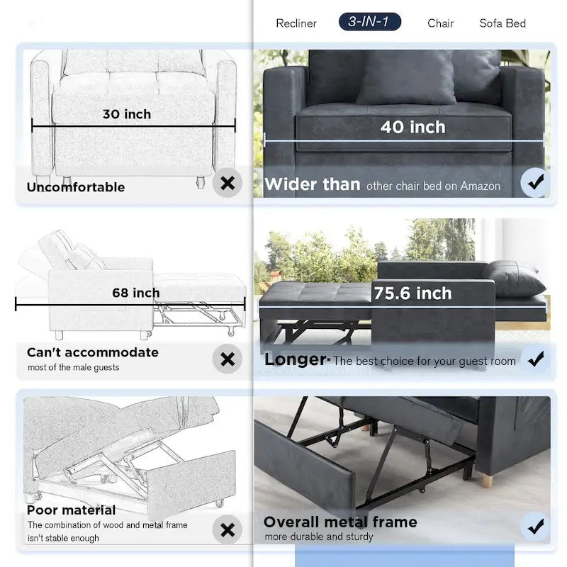 Canapé Convertible 3 en 1 Lit et Fauteuil Réglable