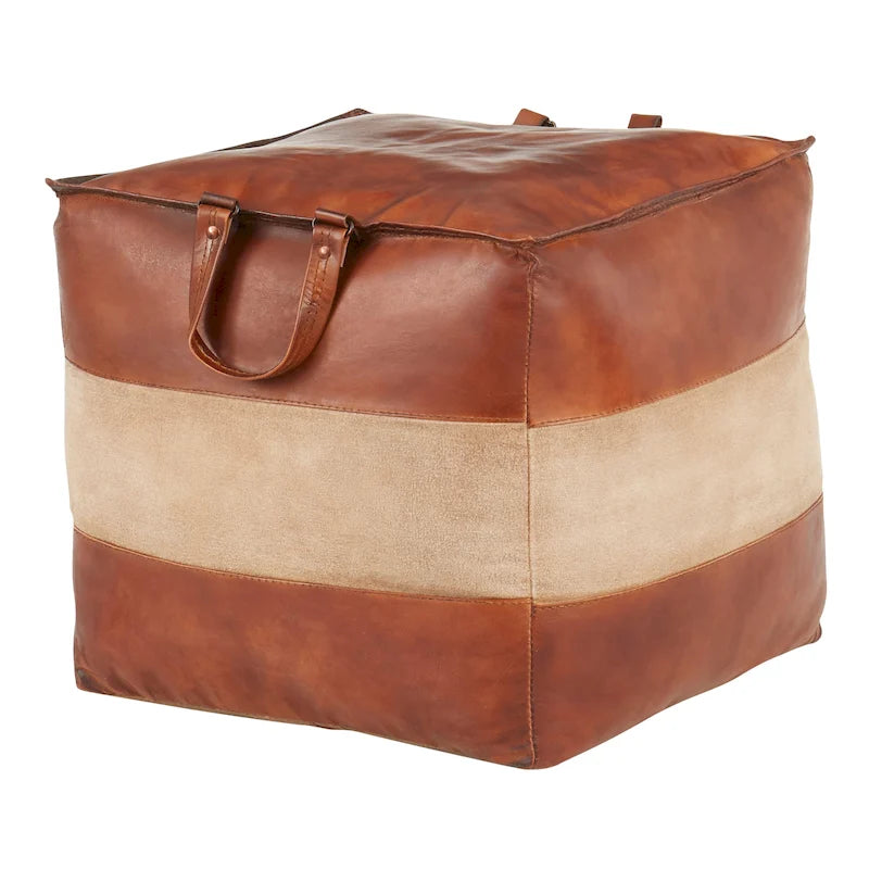 Pouf ottoman industriel en cuir et toile
