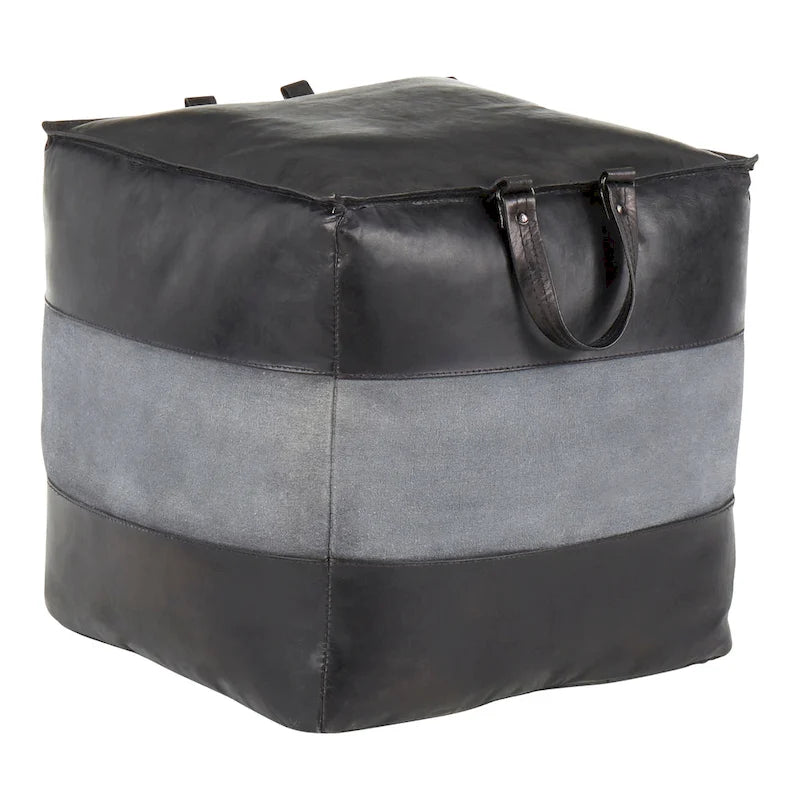 Pouf ottoman industriel en cuir et toile
