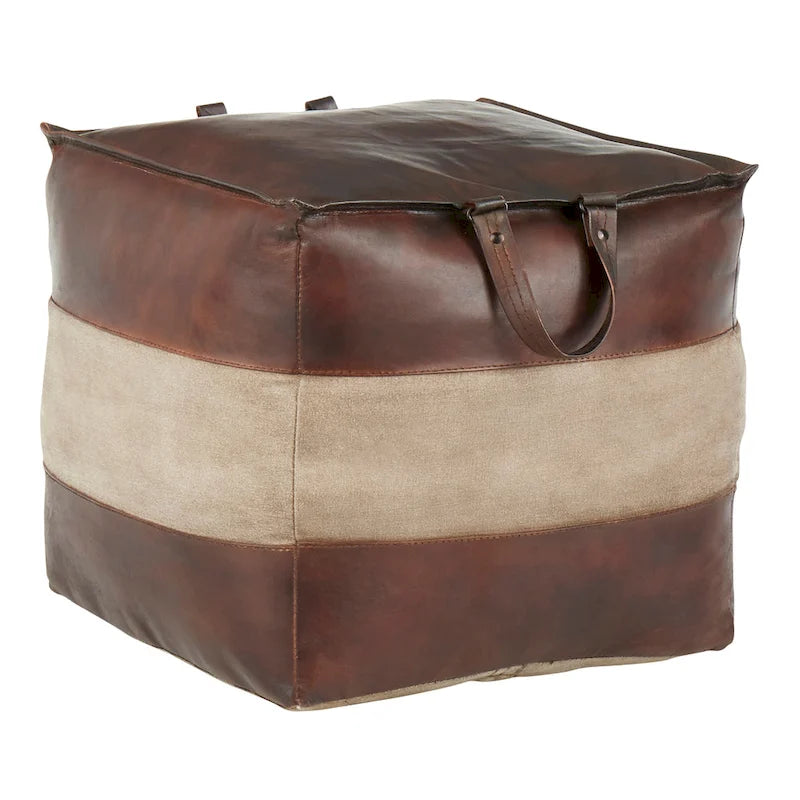 Pouf ottoman industriel en cuir et toile