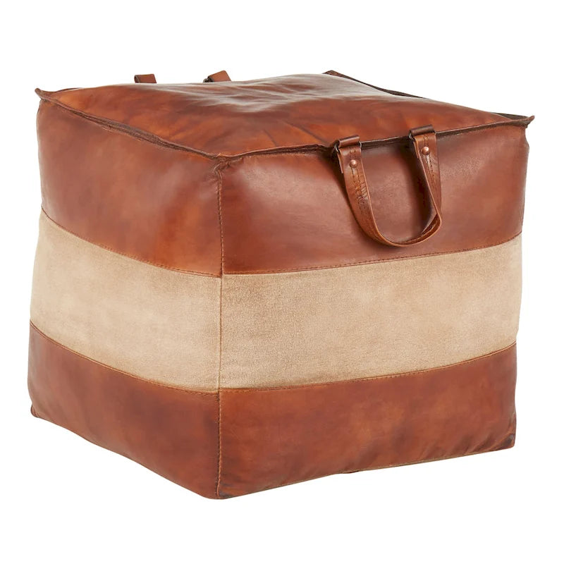 Pouf ottoman industriel en cuir et toile
