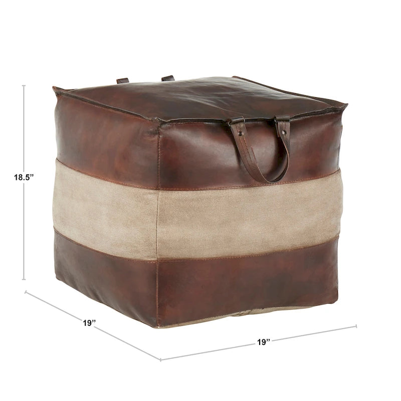 Pouf ottoman industriel en cuir et toile
