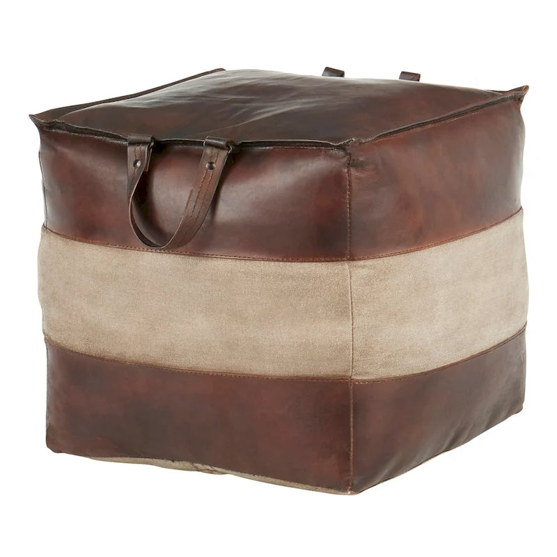 Pouf ottoman industriel en cuir et toile