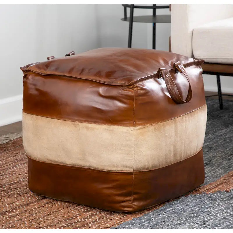 Pouf ottoman industriel en cuir et toile