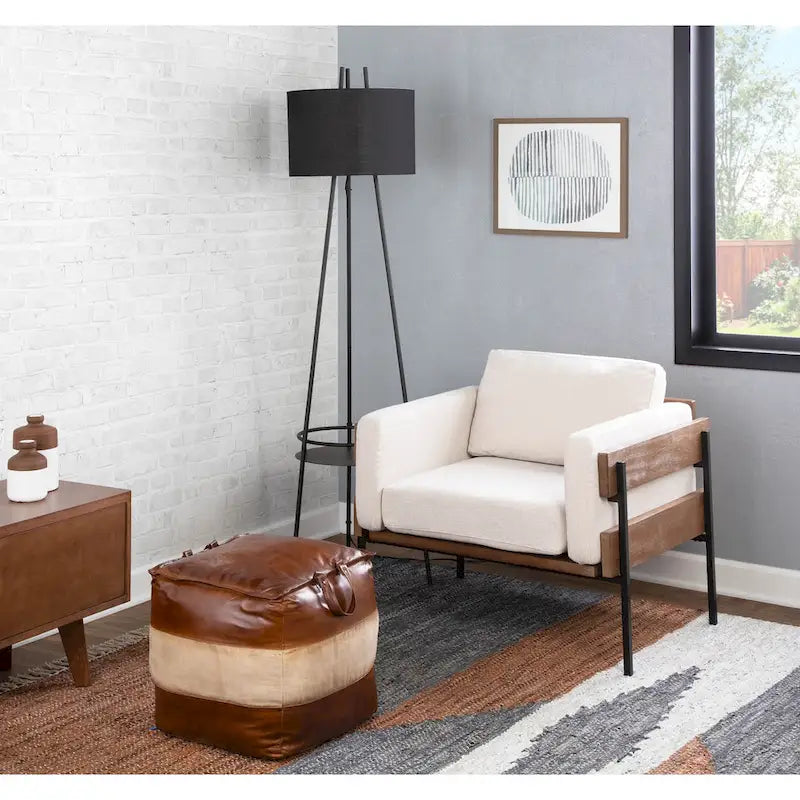 Pouf ottoman industriel en cuir et toile
