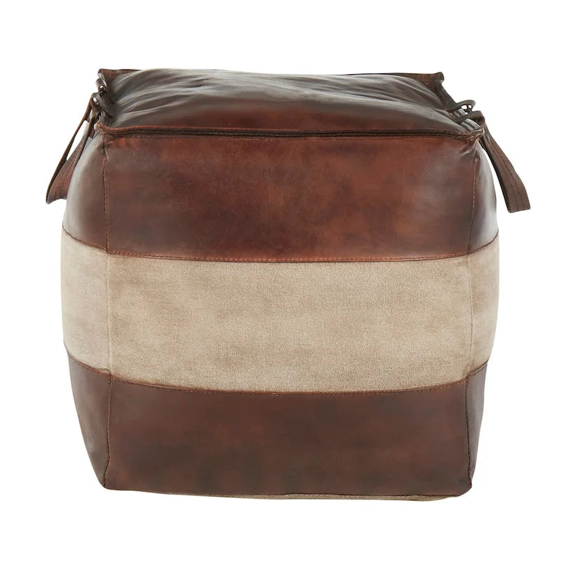 Pouf ottoman industriel en cuir et toile
