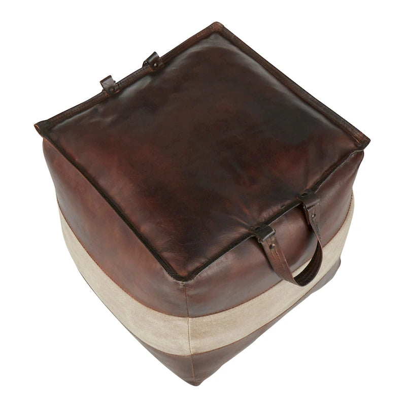 Pouf ottoman industriel en cuir et toile